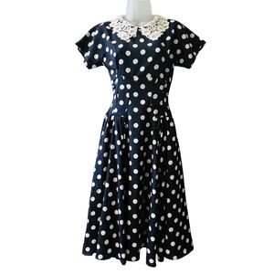 Unique Vintage Retro 40s 50s Style Polka Dot Swing Dress with Lace Collar Sz. XS